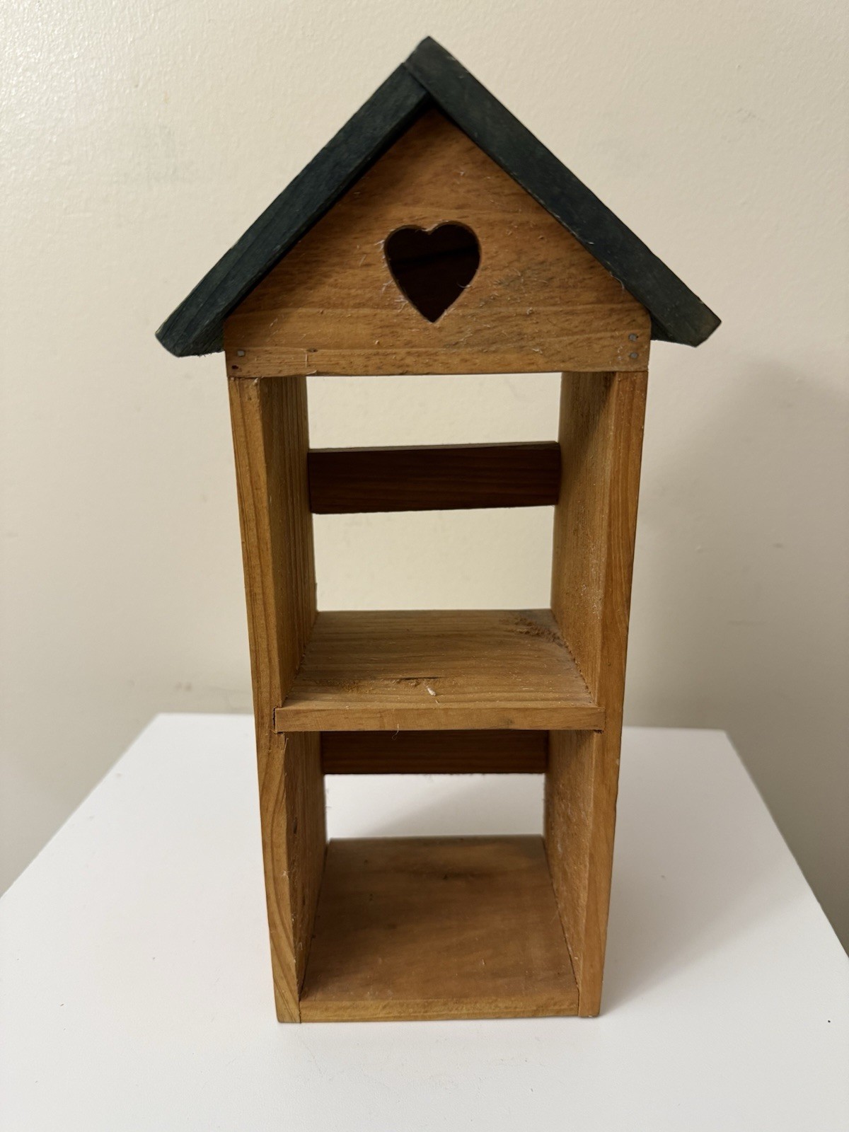 VTG Wood 2 Shelf Bird House Shaped Knick Knack Small Display Heart Cut Out 12.5”