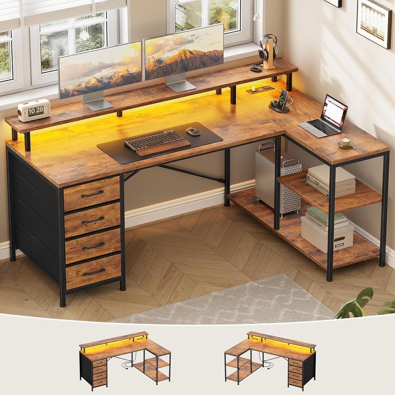 L Shaped Desk with 4 Drawers and Storage Shelves, L Shaped Gaming Desk with LED
