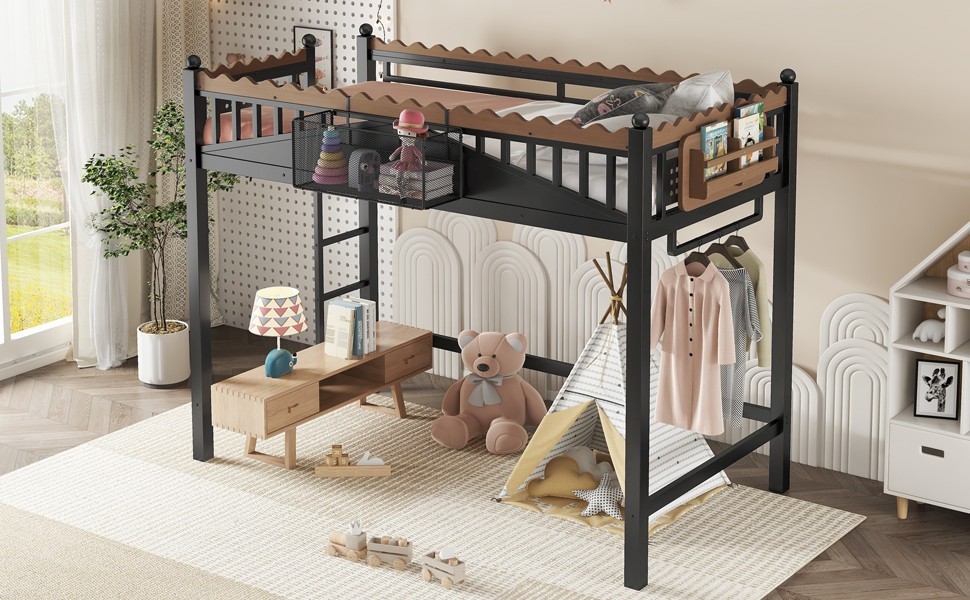Twin XL Size Metal Loft Bed with Ladders, Storage Shelves and Bookshelf Black