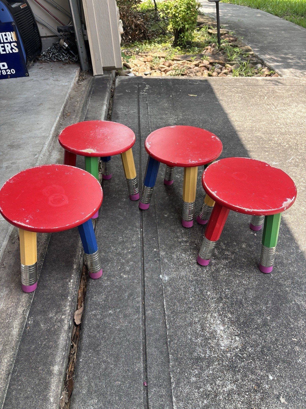 Vintage 1980s 90s Pierre Sala Pencil Wood Multicolored Stool Kids Chair Set Of 4
