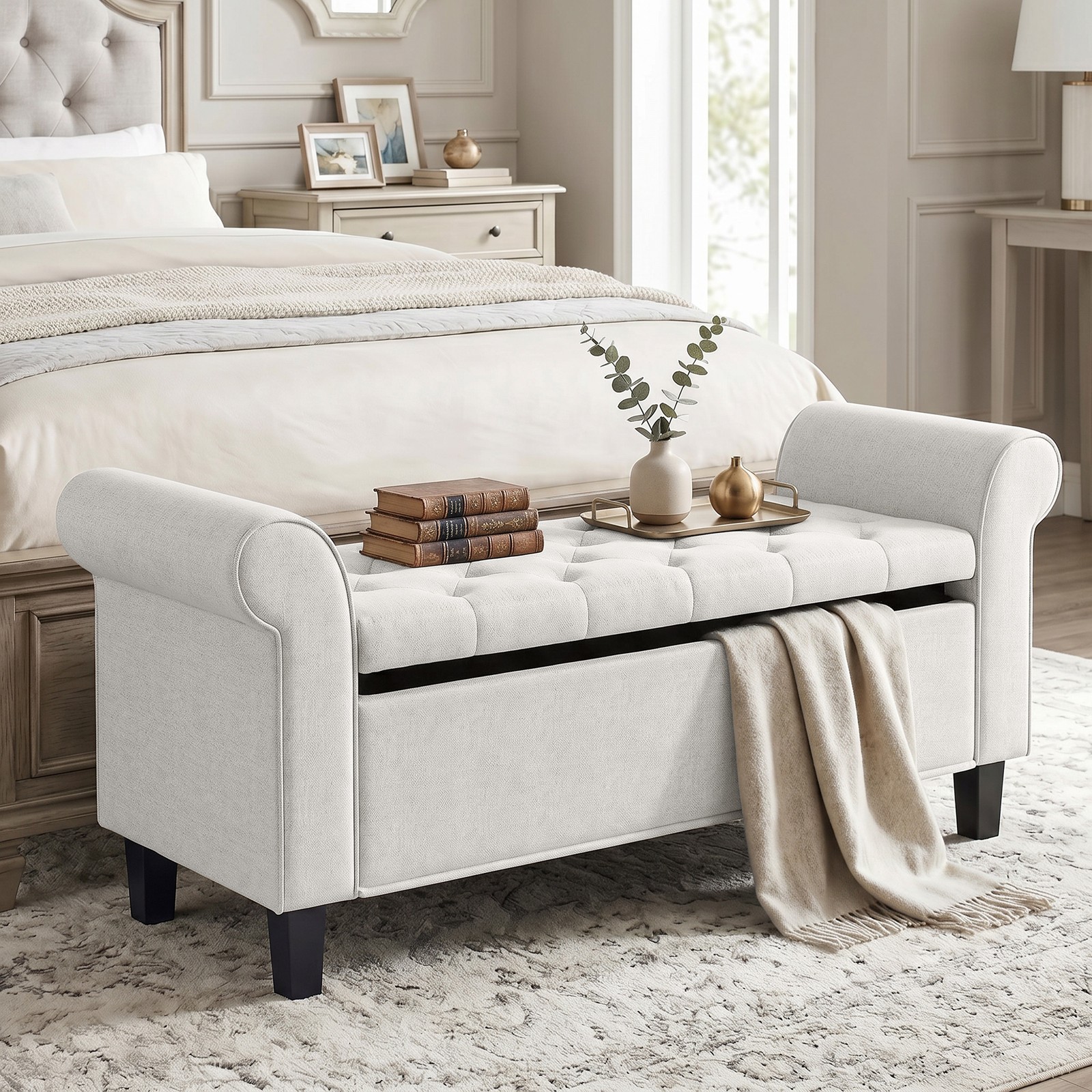 HOMCOM 47″ Storage Ottoman Bench, Tufted End of Bed Bench, Cream White