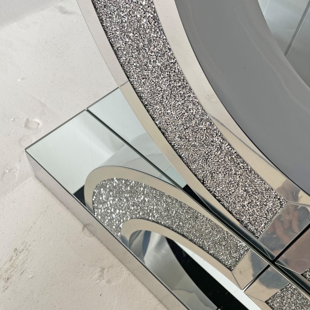 Mirror edge table with hand polished beveled edge and diamond shaped base frame