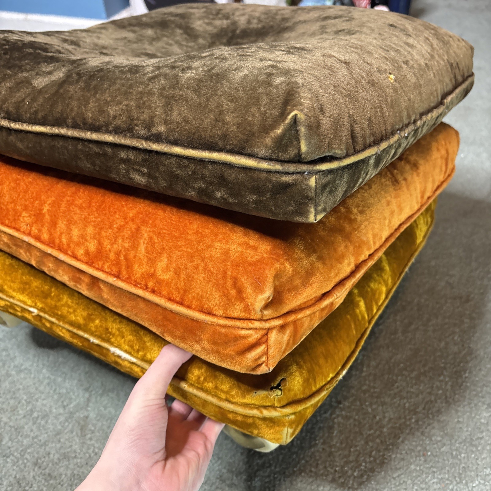 Vtg Mid Century Pillow Ottoman on Wheels Green Orange Gold Velvet Velour MCM