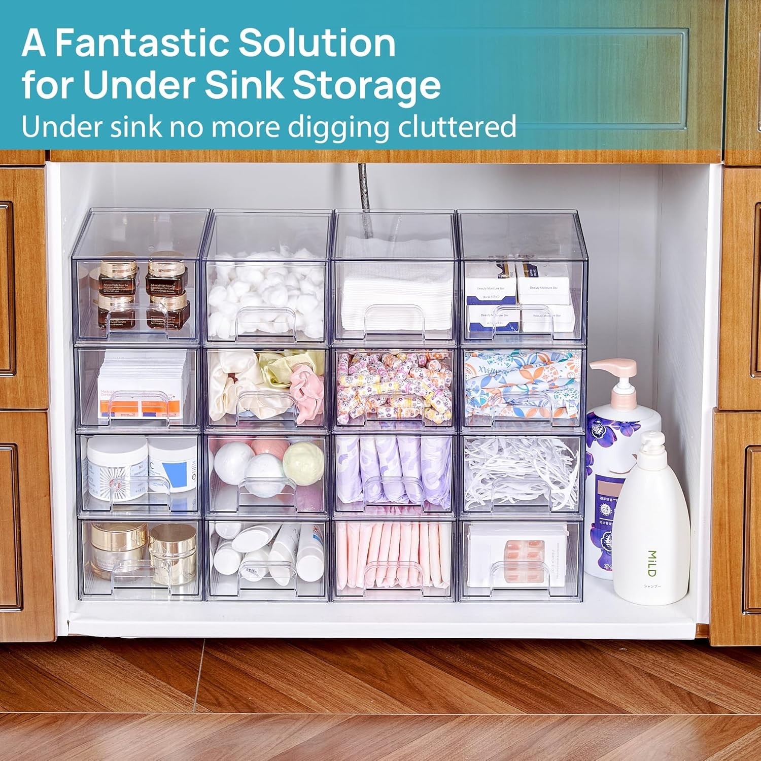 4 Pack Clear Stackable Acrylic Storage Drawers for Bathroom Kitchen Vanity