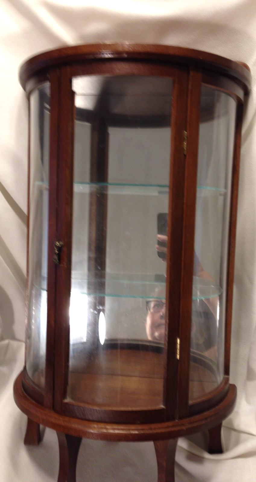 Vintage Curved Glass Wood Curio Case With Glass Shelves & Mirrored Back 22”
