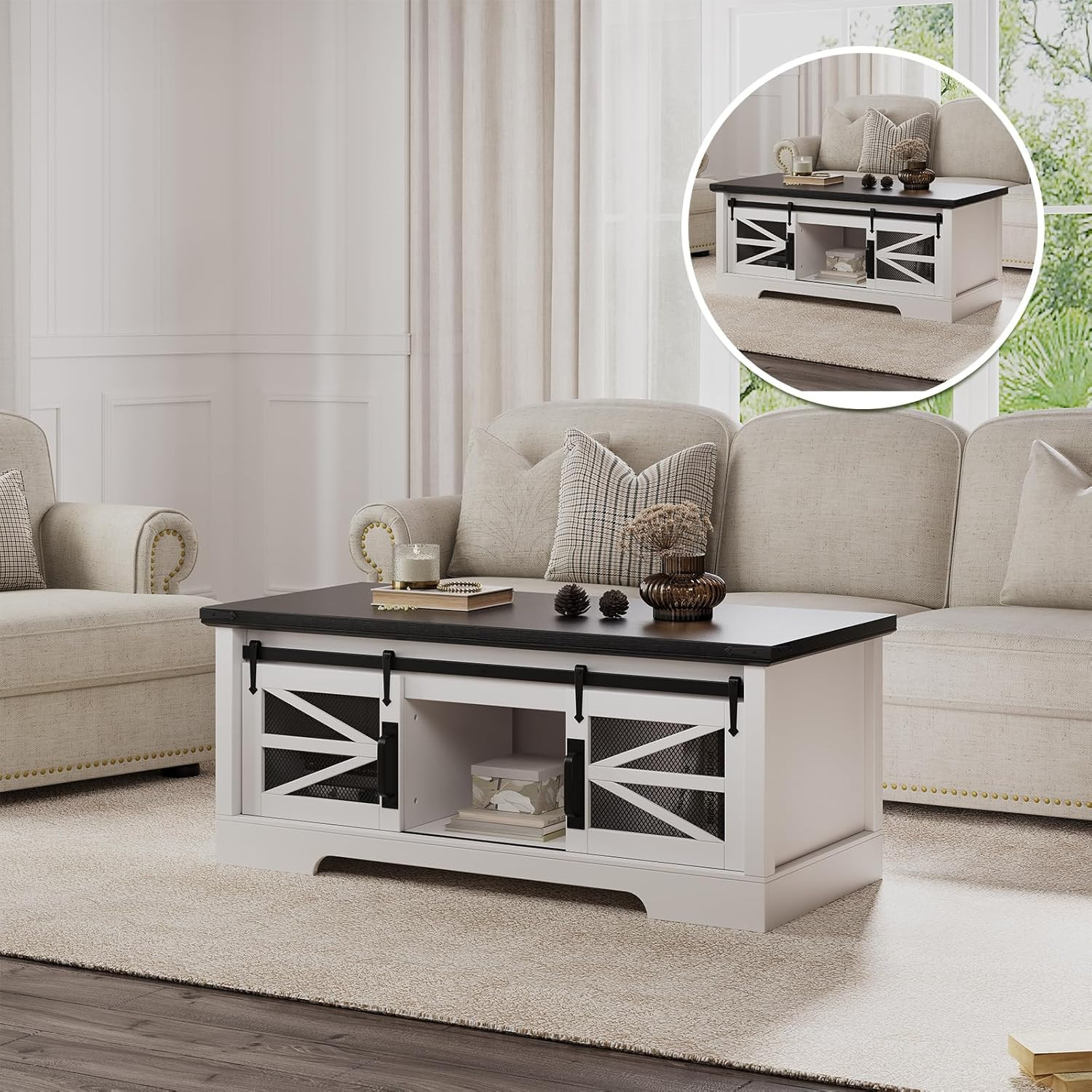 Rustic Lift Top Coffee Table with Hidden Storage & Sliding Barn Door