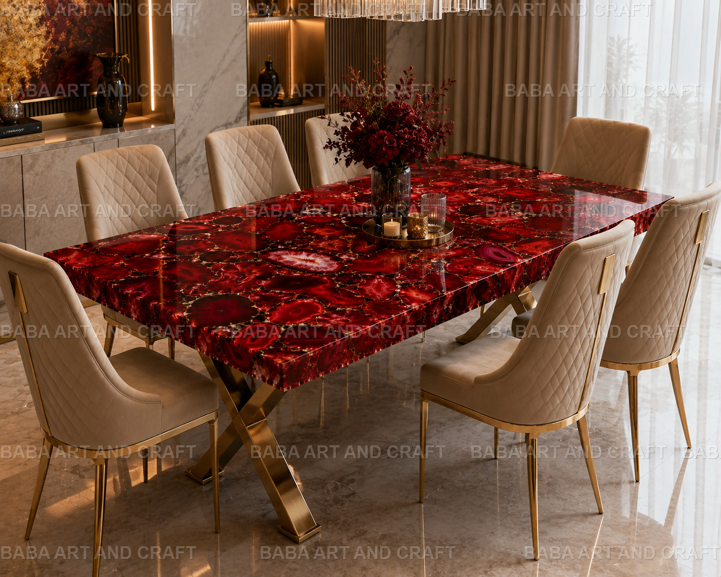 Luxury Handmade Red Agate Rectangle Dining Table Top – Natural Stone 12X24″