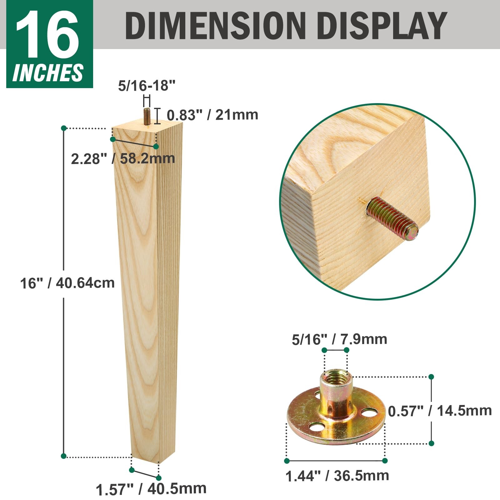 5/16″18 Bolts Square Furniture Legs 16 Inch, Ash Wood Legs for Furniture Set …