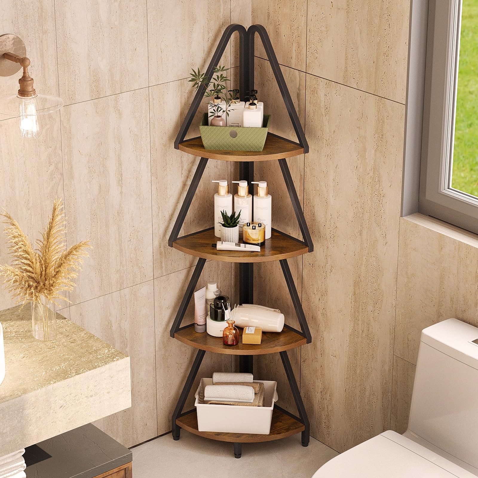 4Tier Corner Shelf Stand 53.1 Inch Tall Narrow Display Bookcase Rack Brown