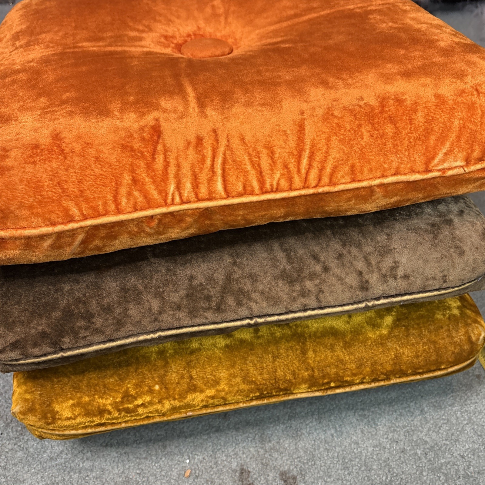 Vtg Mid Century Pillow Ottoman on Wheels Green Orange Gold Velvet Velour MCM