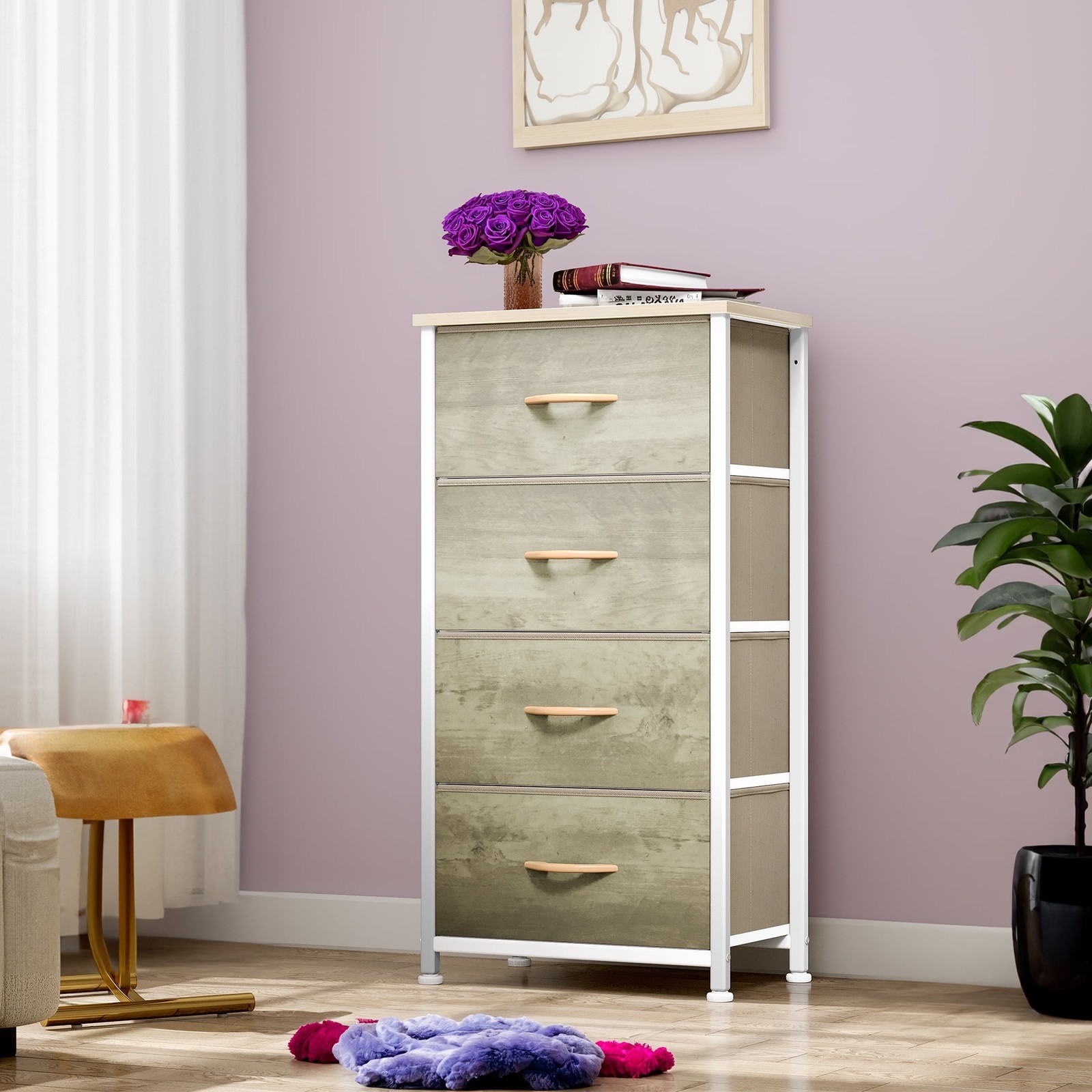4-Drawer Chest Bedside Dresser Furniture Organizer Adults Kids & Teens Oak Grey