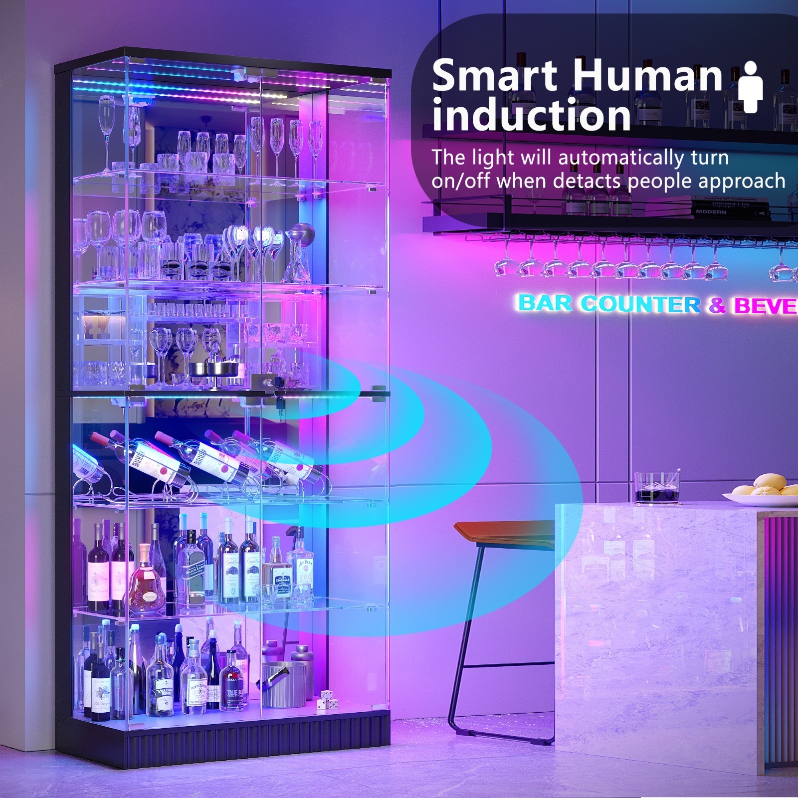 71″ Tall Glass Dispaly Cabinet with RGB Lights, 6-Tier Curio Cabinet with Doors