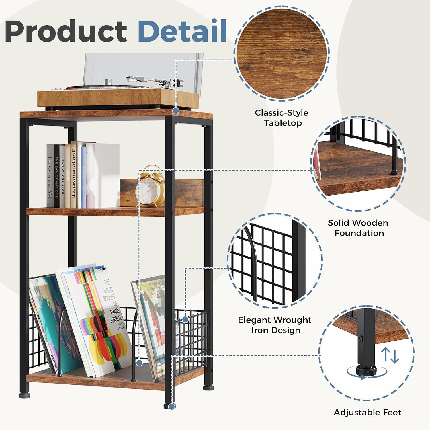 3 Tier Record Player Stand,Record Storage Table Up to 100 Albums Display Shelf