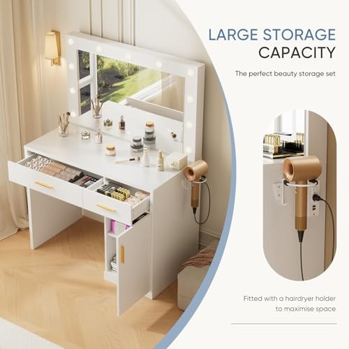 Makeup Vanity Desk with Mirror and Bulb Type (2 Drawers & Large Cabinet) White