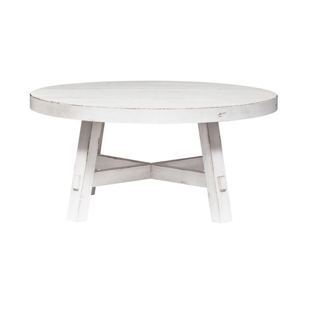 Pemberly Row Splay Leg Round Cocktail Table with Distressing in White