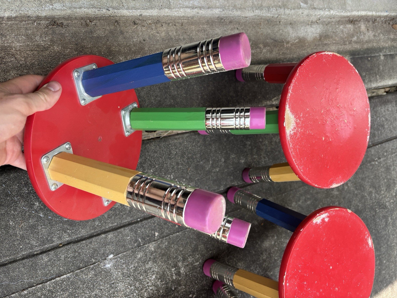 Vintage 1980s 90s Pierre Sala Pencil Wood Multicolored Stool Kids Chair Set Of 4