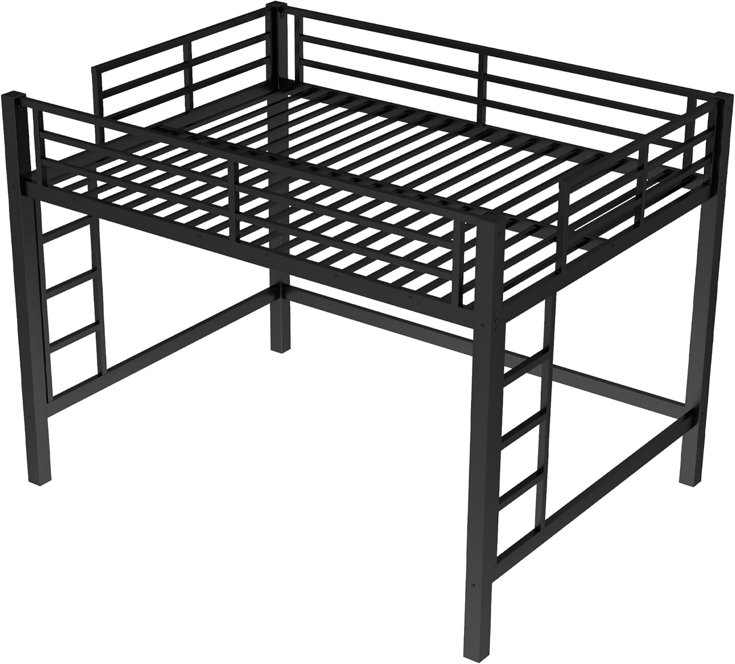 Stylish Black Queen Loft Bed Frame with Dual Ladders & Guardrails for All Ages
