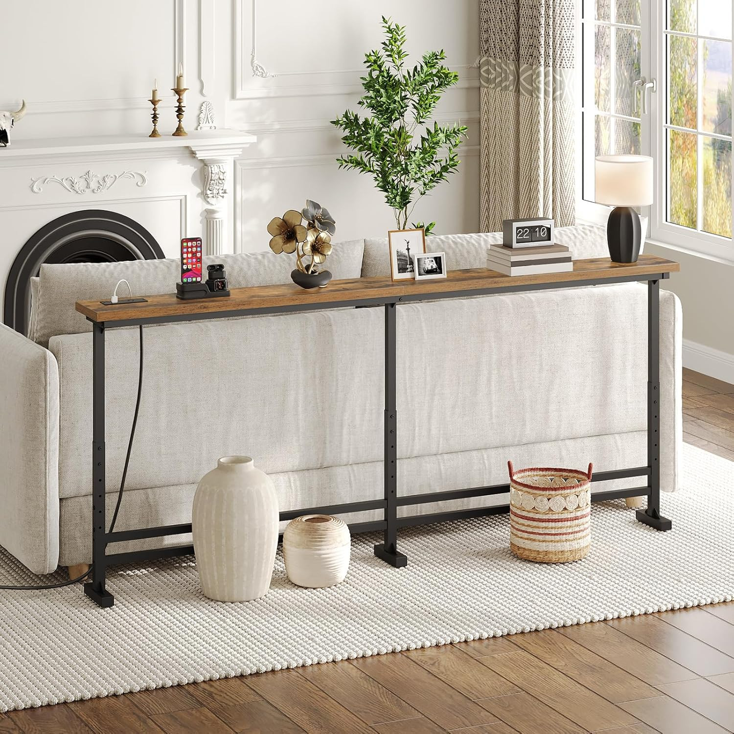 78.7″ Console Table with Adjustable Height (27.6″-35.4″) and Power Outlet, Skinn