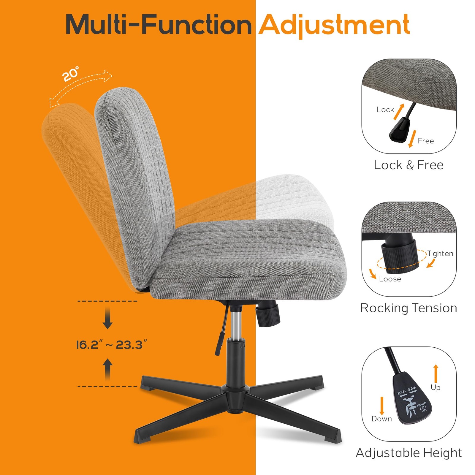 DUMOS Criss Cross Chair No Wheels Legged Office Wide Fabric, Grey Fabric