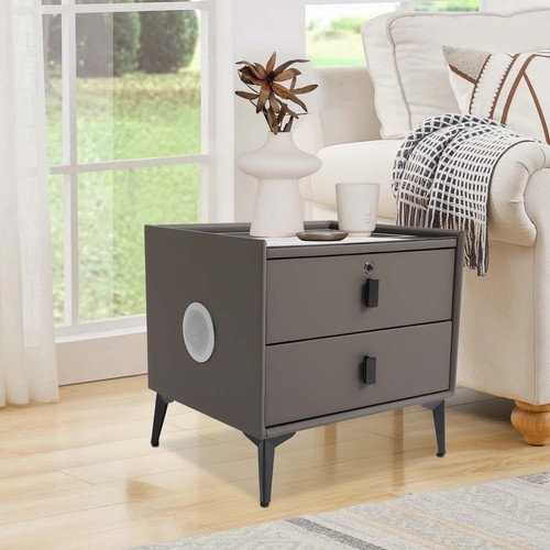 Dark Grey 2-Drawer Nightstand Fingerprint Lock Qi Charging Bluetooth Speaker