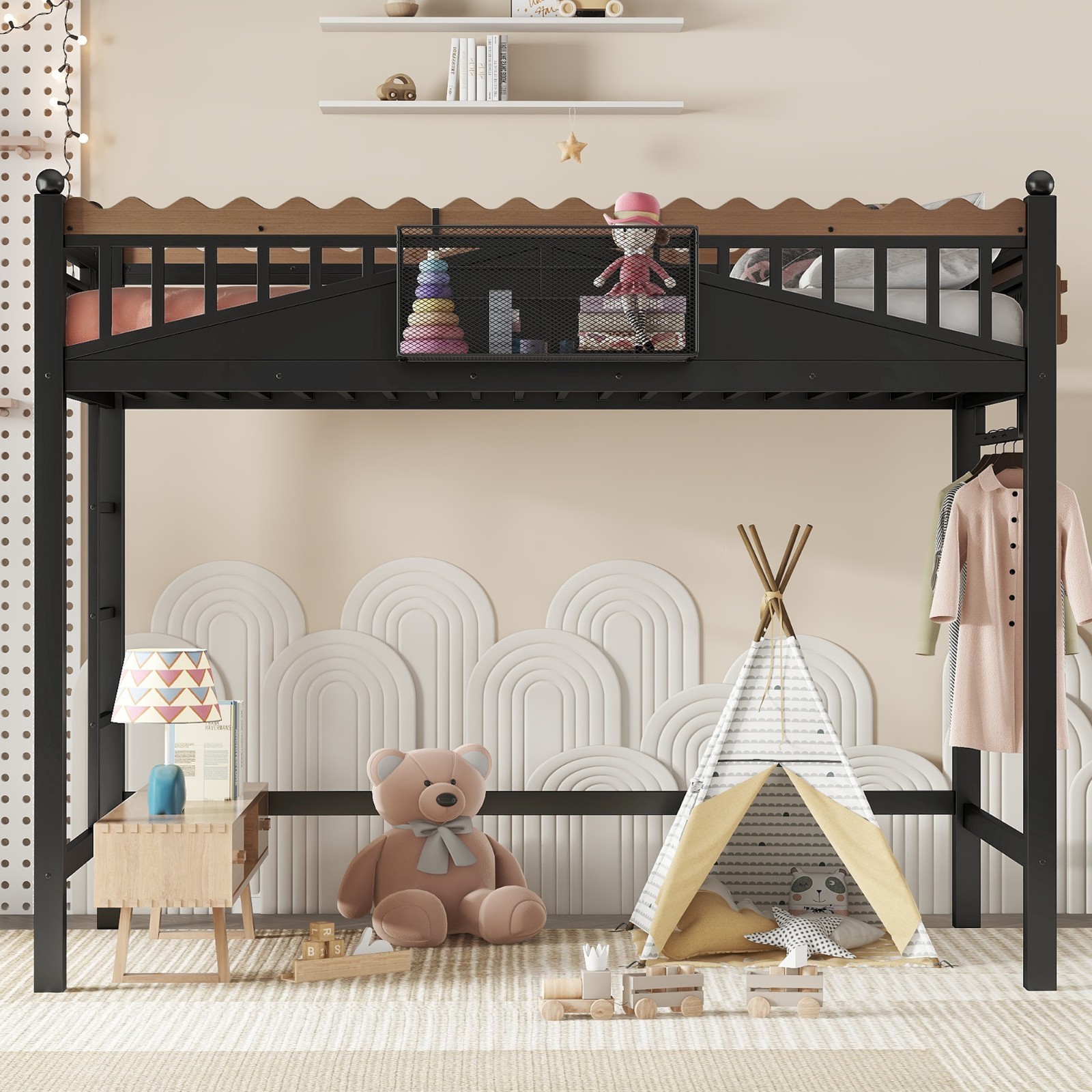 Twin XL Size Metal Loft Bed with Ladders, Storage Shelves and Bookshelf Black
