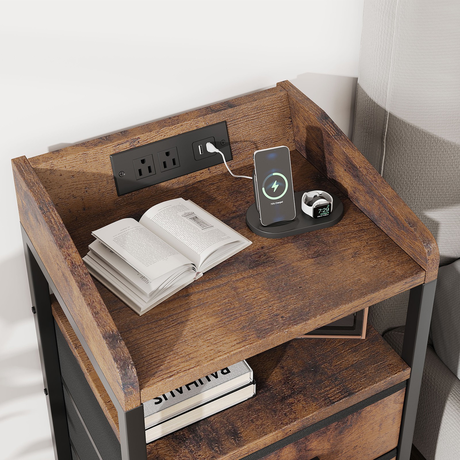 Rustic Brown Nightstand with Charging Station, 3 Fabric Drawers, Metal US