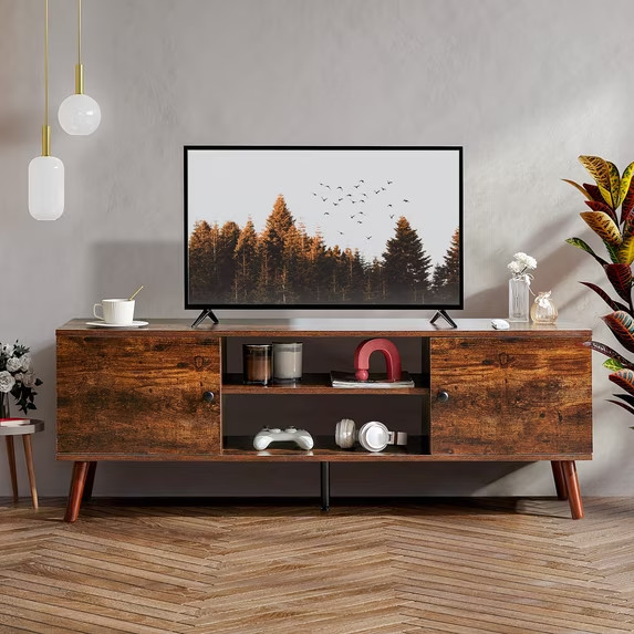 Gianna Mid Century TV Stand for 60in TVs, 2-Cabinet Storage Console, Rust Brown