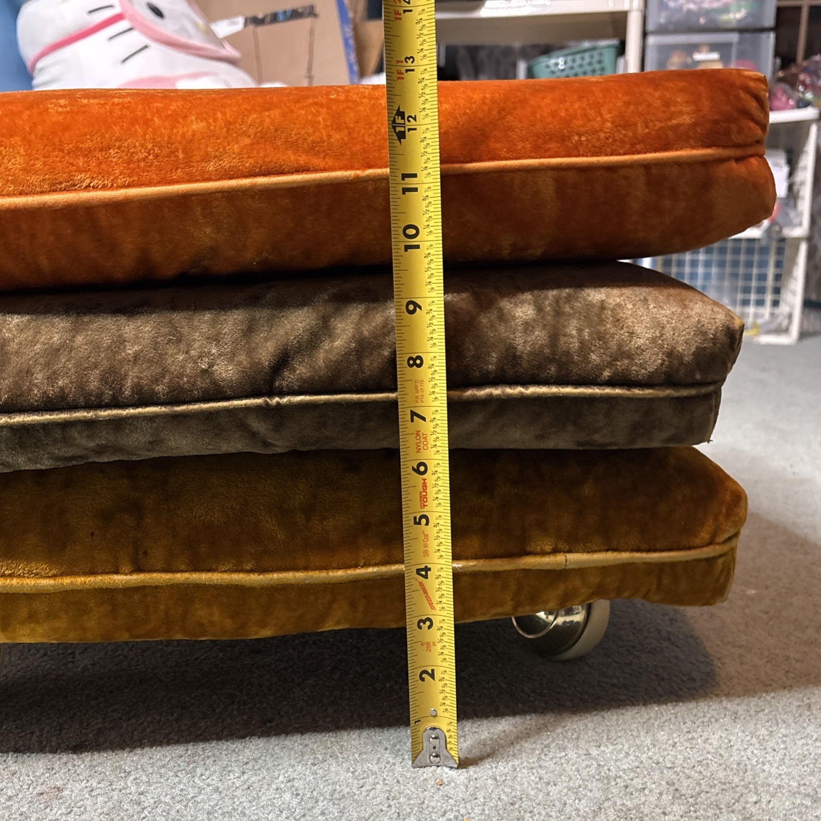 Vtg Mid Century Pillow Ottoman on Wheels Green Orange Gold Velvet Velour MCM
