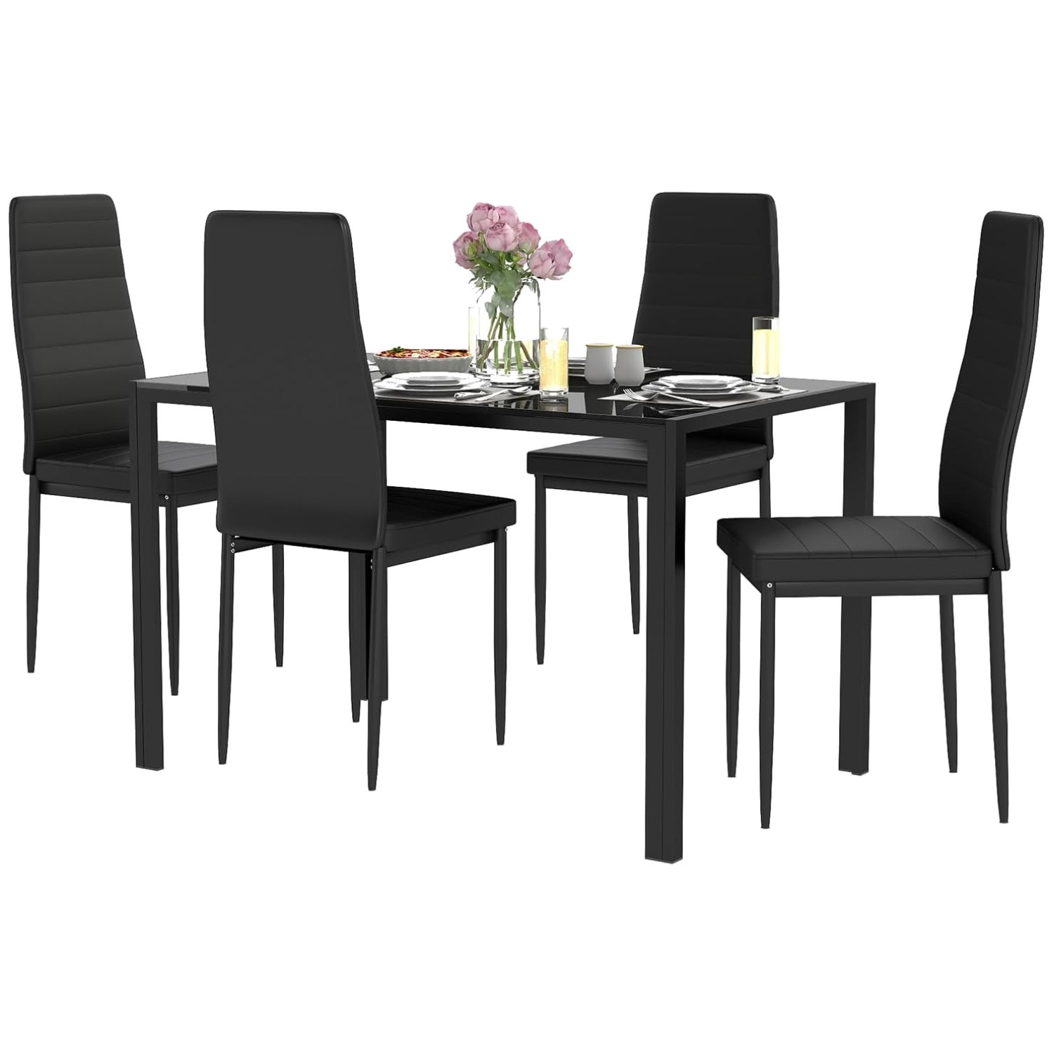 Dining Table Set for 4 | 5-Piece Glass Black Dinin