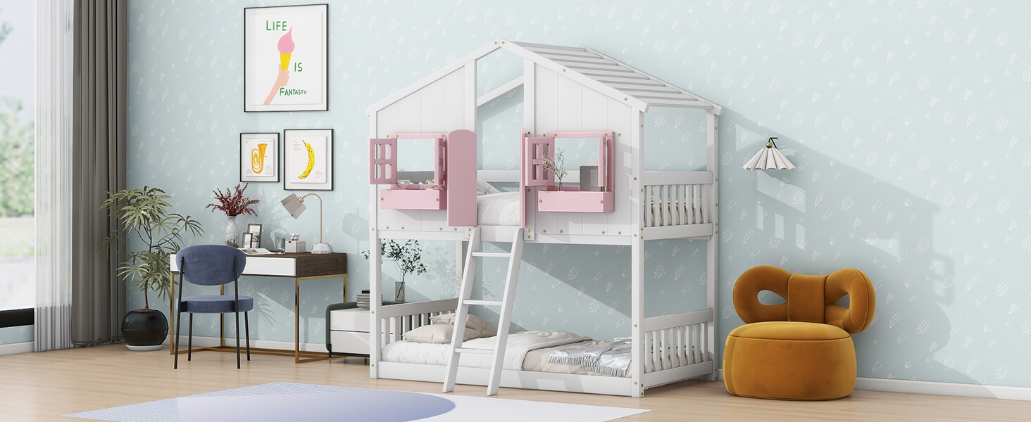 Wood Bed Frame Twin over Twin House Bunk Bed with Roof , Window & Ladder Pink