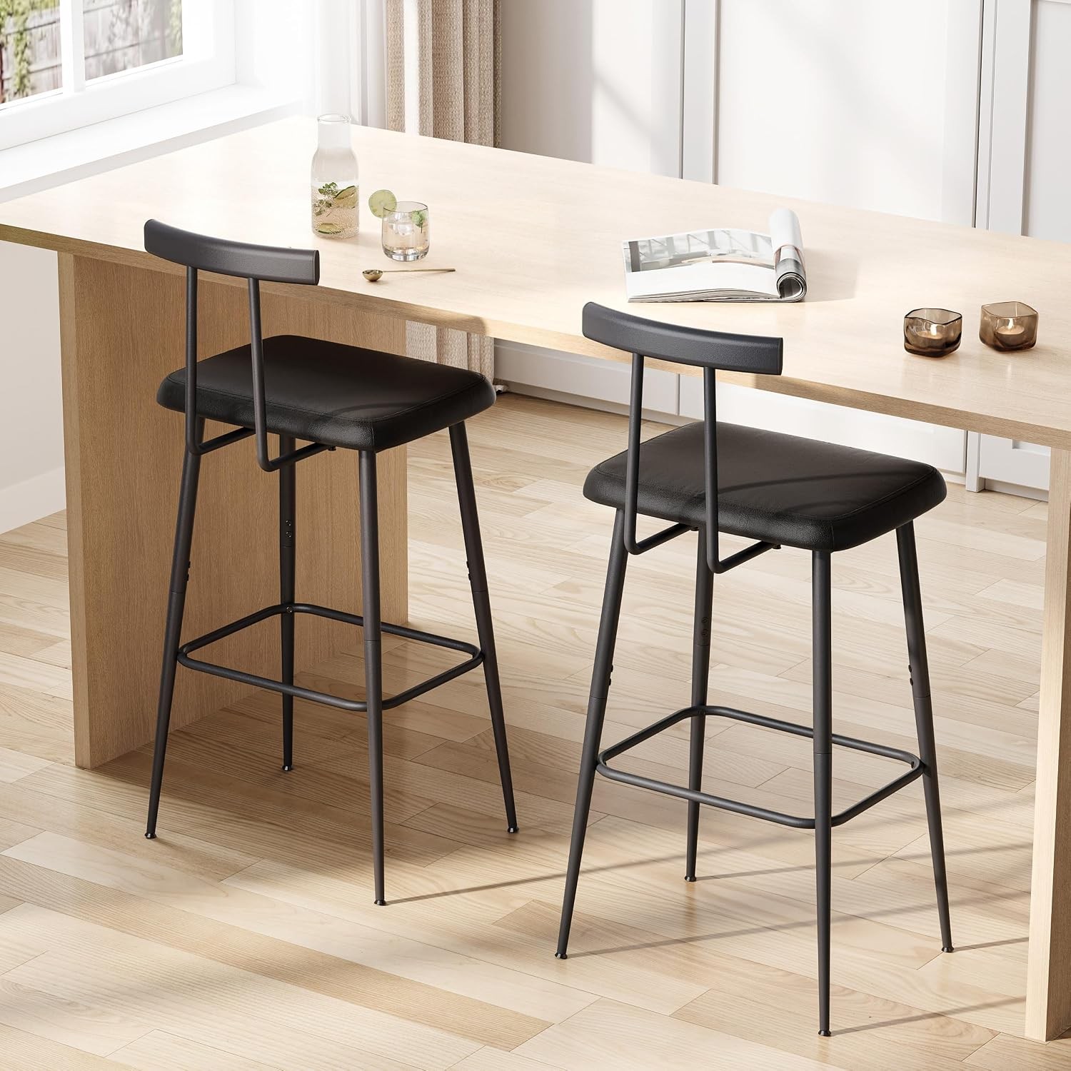 Black Tall Bar Stools with Backrest and Footrest Counter Height Set of 2