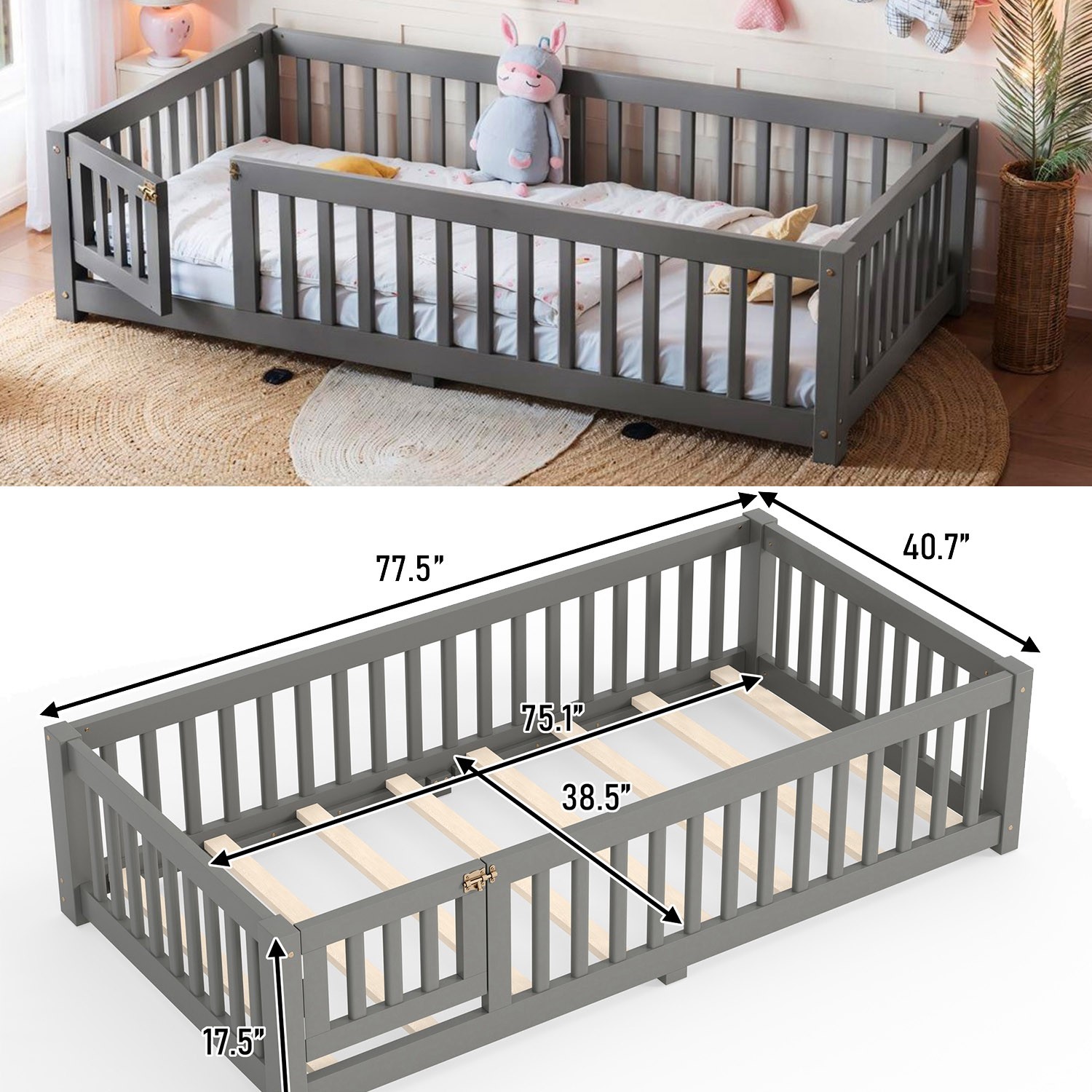 Full Size Montessori Floor Bed w/ Safety Guardrail for Kid Pine Wood Toddler Bed