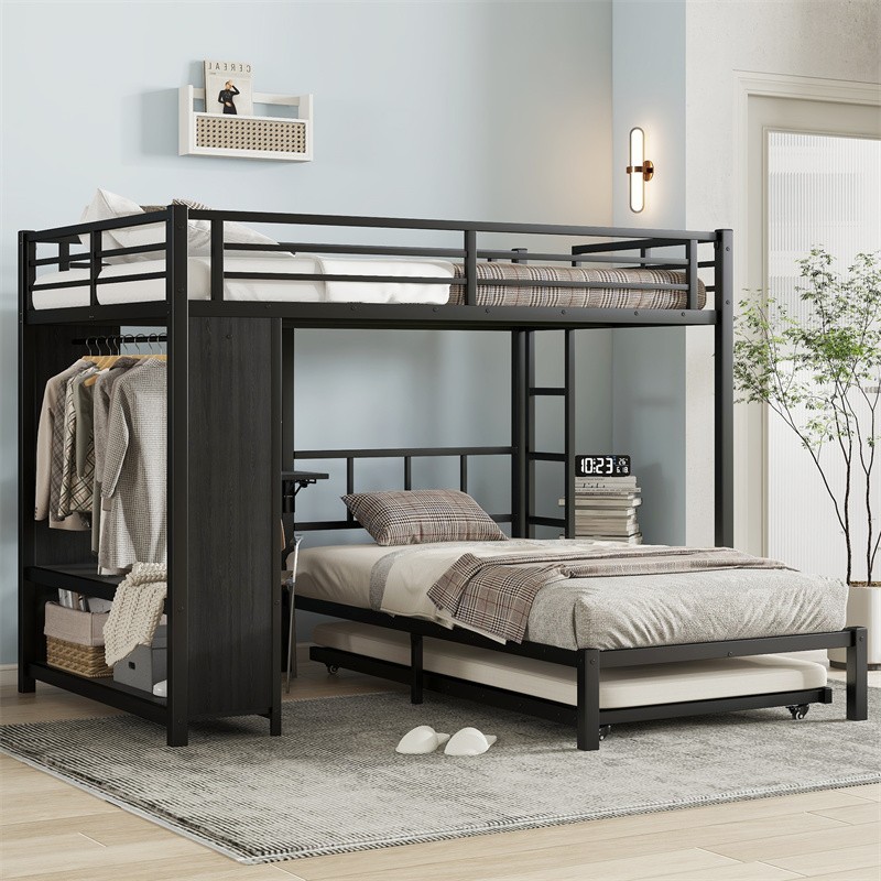 Full Over Twin Bunk Bed with Built-in Wardrobe, Foldable Desk, Ladders – Black