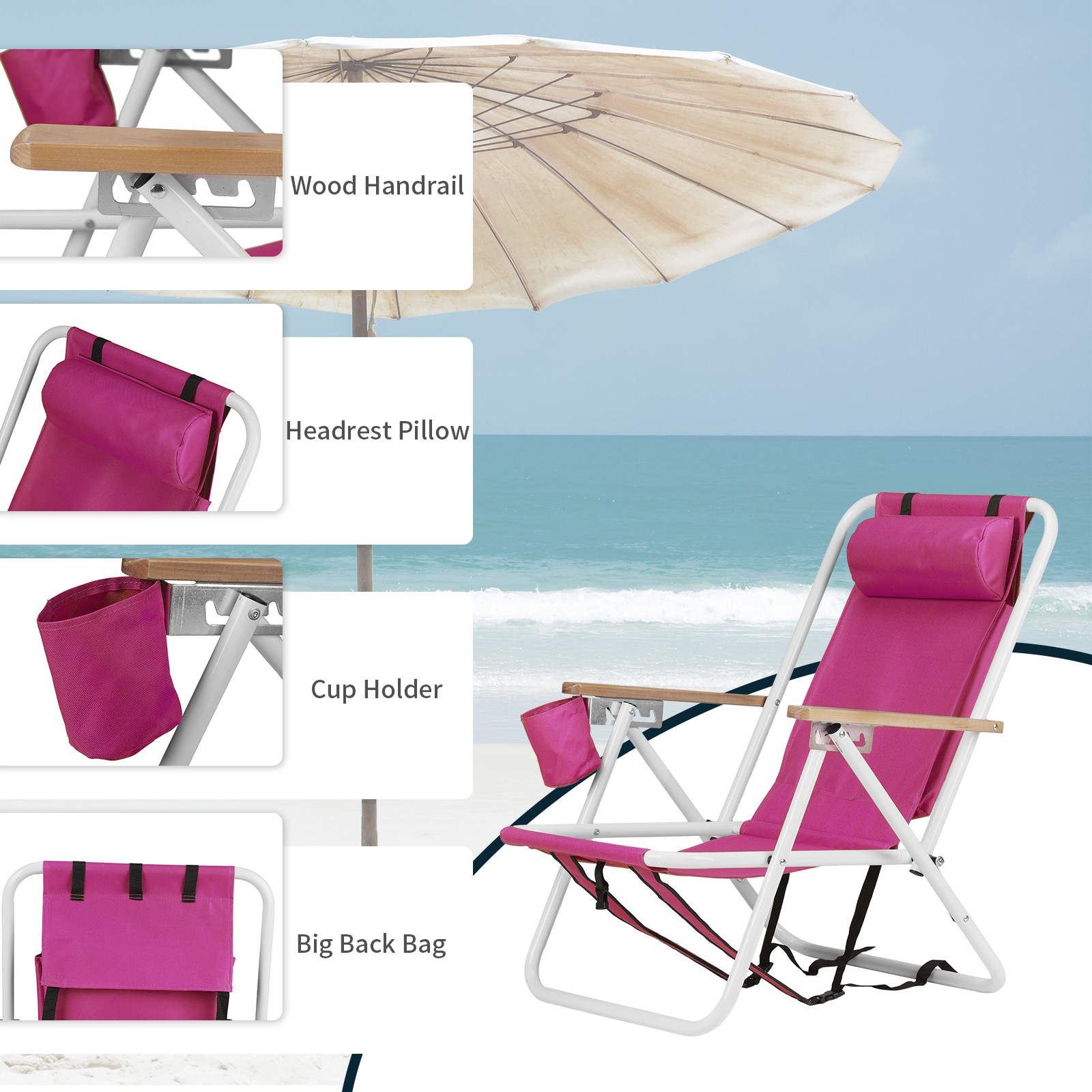 Folding Beach Chair, 4 Position Portable Backpack Foldable Camping Chair