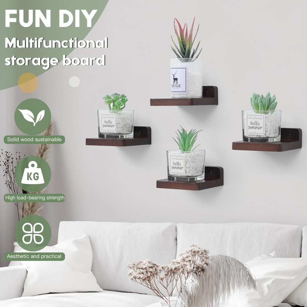 Small Floating Shelf 4×4 Inch Wall Display Ledge Set of 4 Dark Walnut Rustic