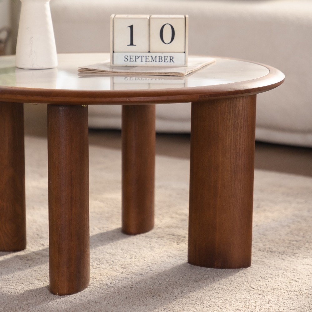 Sintered Stone Coffee Table with Solid Wood Rim,MDF Wood Veneer Cylindrical Legs