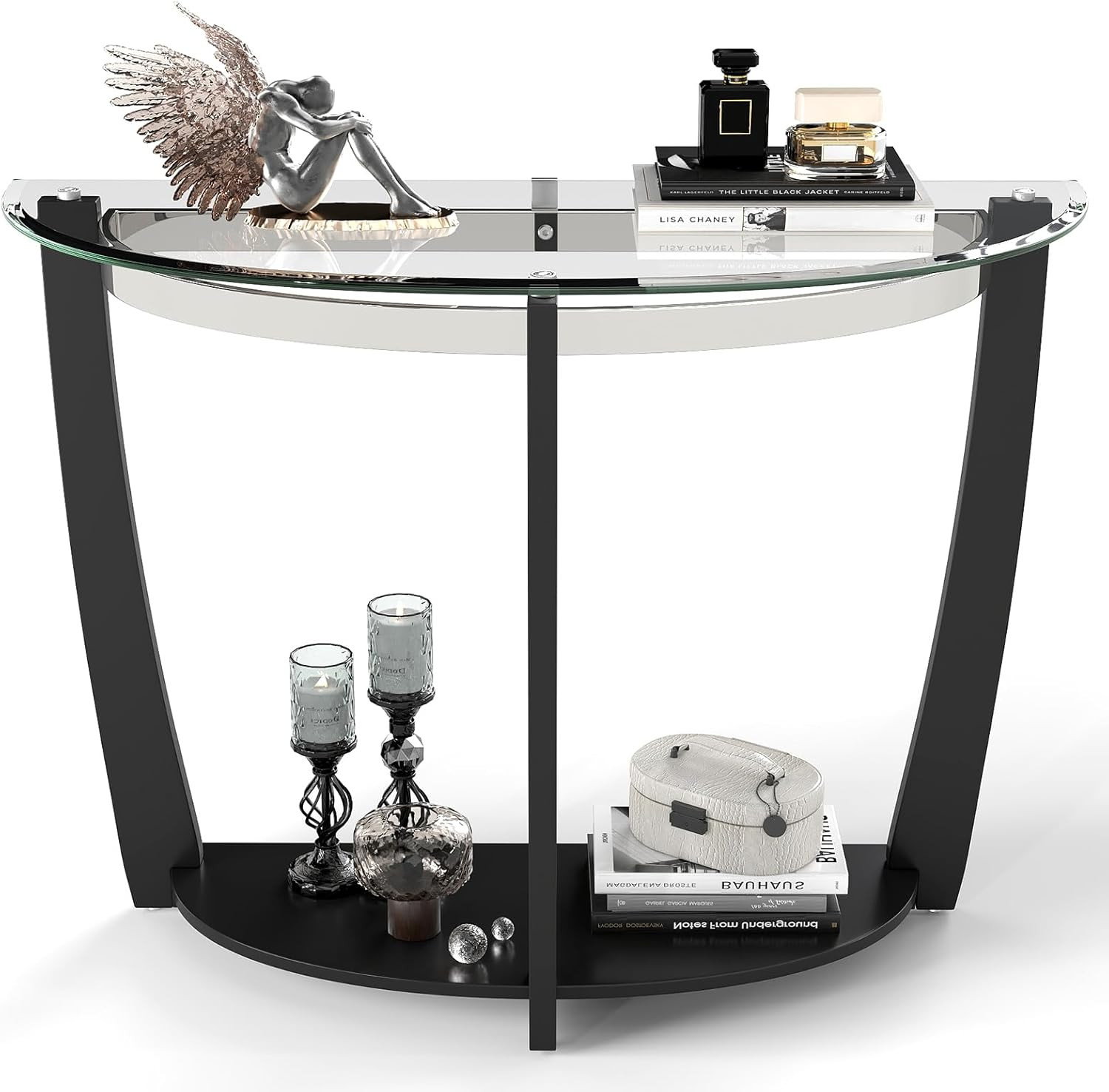 Modern 2-Tier Glass Console Table for Entryway, Living Room, Hallway (Black)