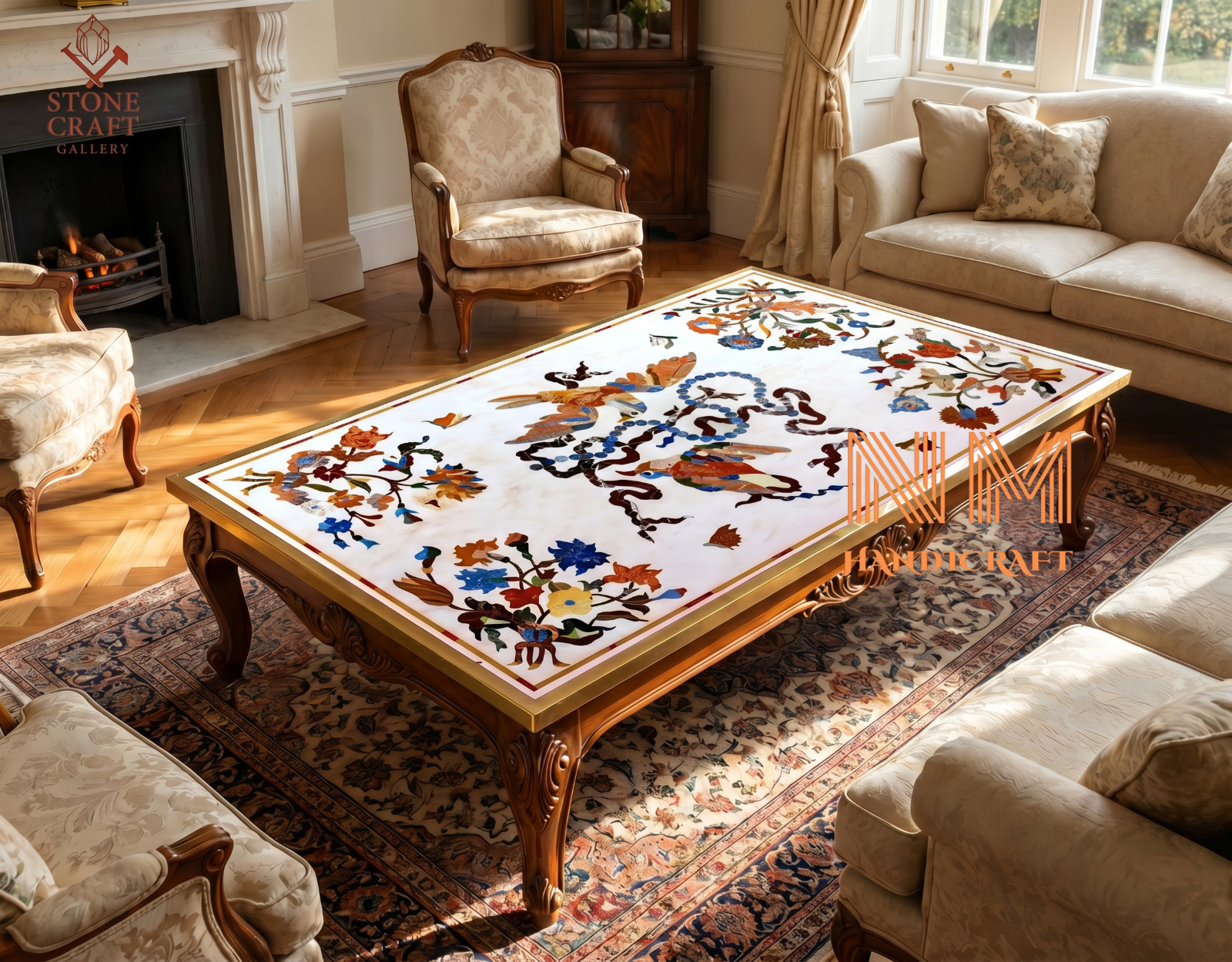 4 ft x 2.5 ft Marble Inlay Coffee Table Top Pietra Dura Floral Bird Art Luxury