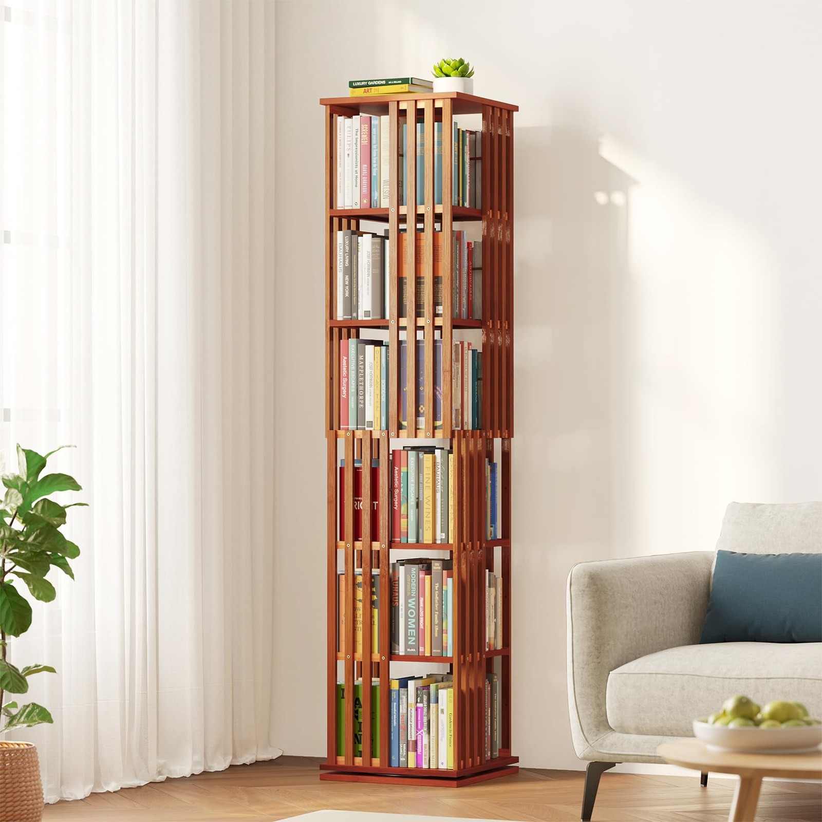 6 Tier Rotating Bookshelf Tower, Bamboo Spinning Book 6 Tier, 67.5″ H Walnut