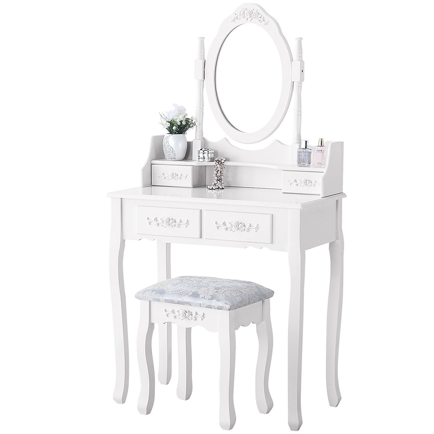 Vanity Makeup Table Set with 4 Drawers Dressing Table and Stool for Bedroom