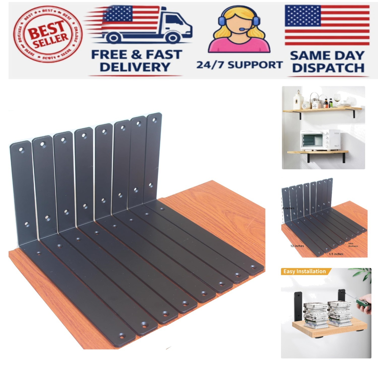 12″ L x 8″ H Black Iron Shelf Brackets – 100lb Support, Easy Install