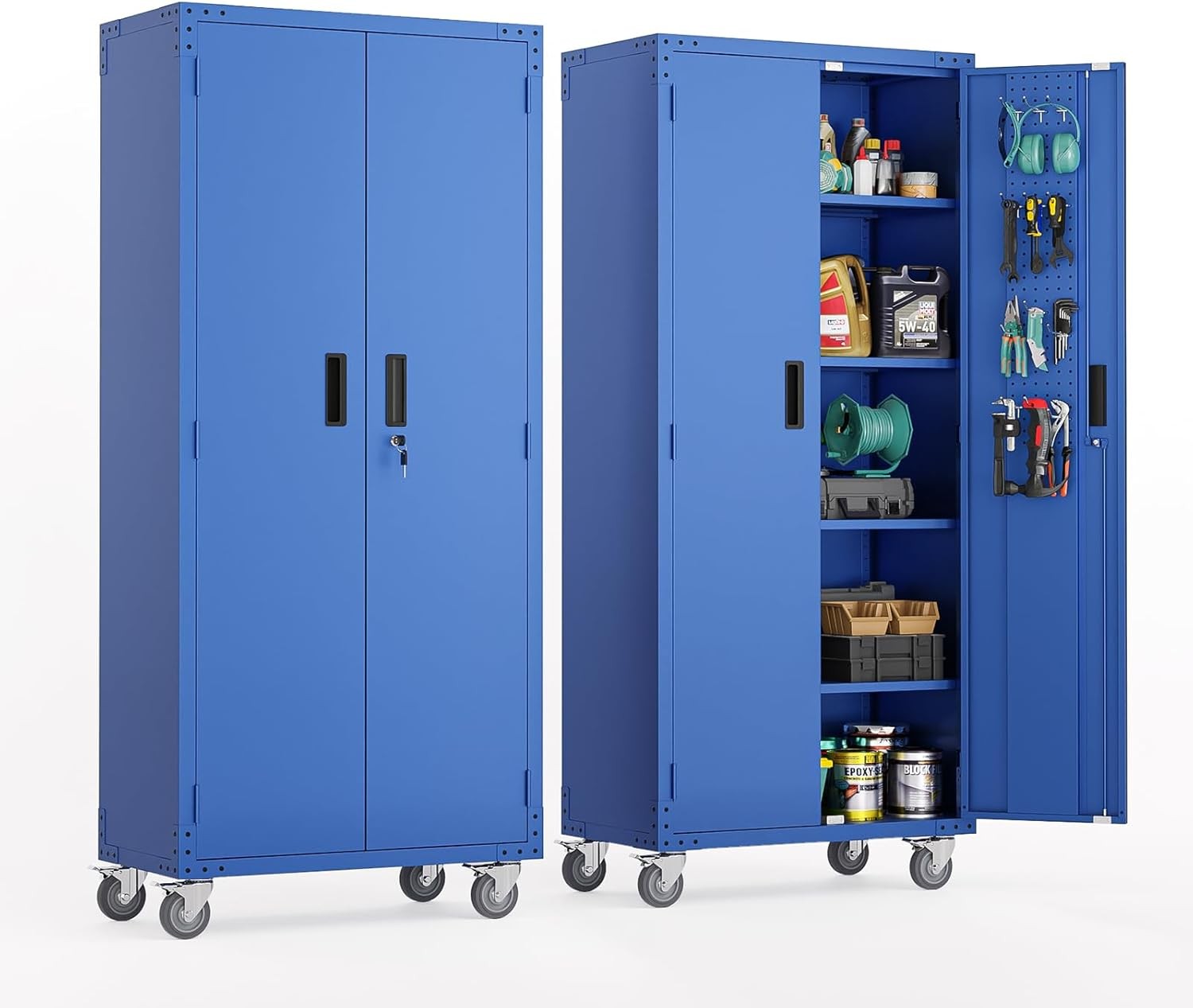 72» Tall Garage Storage Cabinet, Metal Storage Cabinet with Pegboards & Wheels