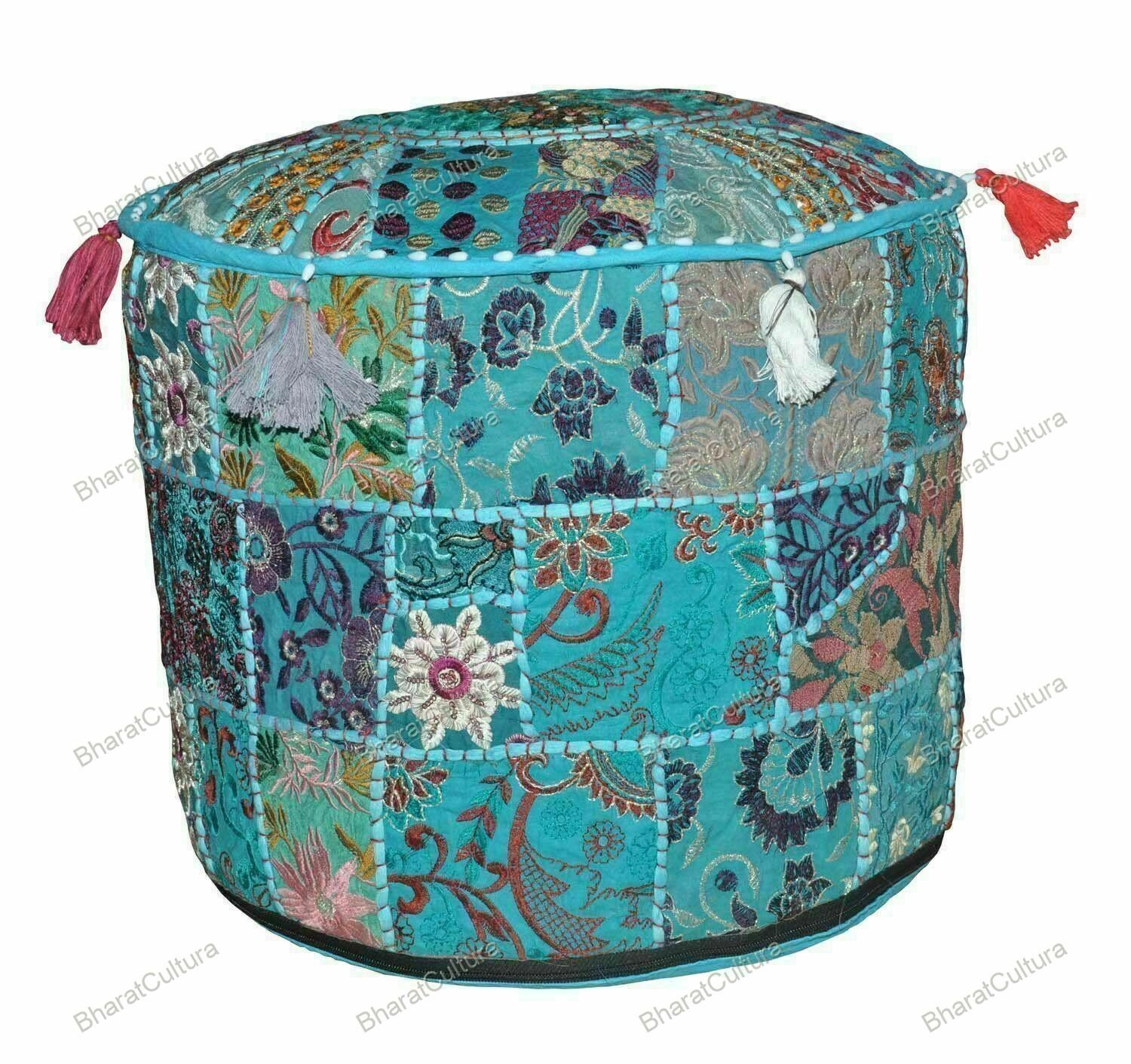Indian Blue Floral Floor Pillow Decor Cotton Pouf Footstool Ethnic Room Decor
