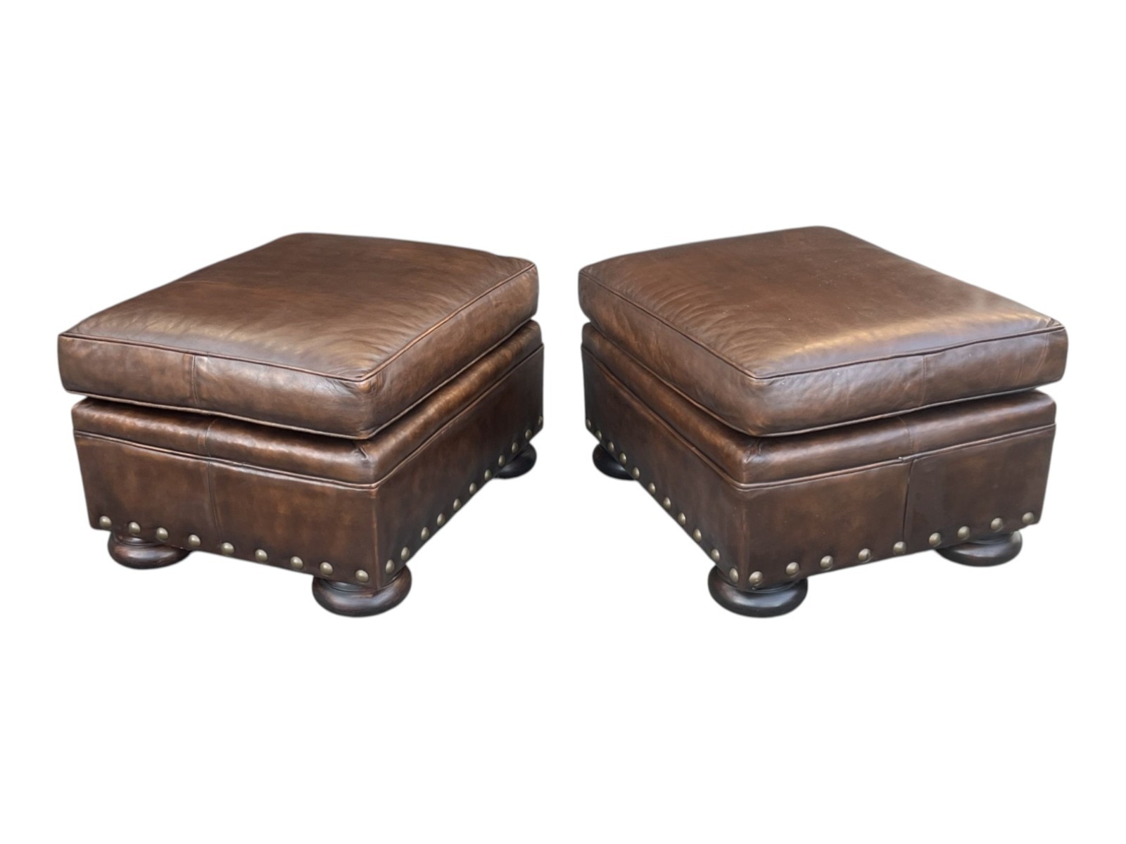 Vintage Brown Leather Ottoman Pair Nailhead Trim Footstools