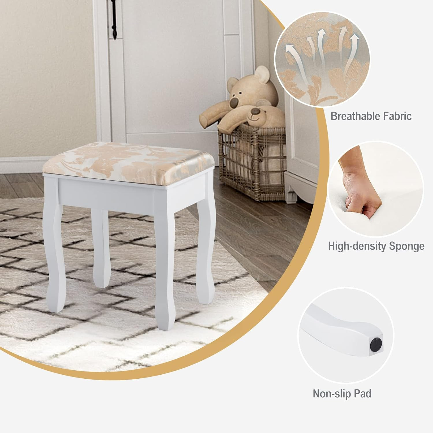 Elegant White Vanity Desk Set with Mirror & Cushioned Stool for Makeup Storage