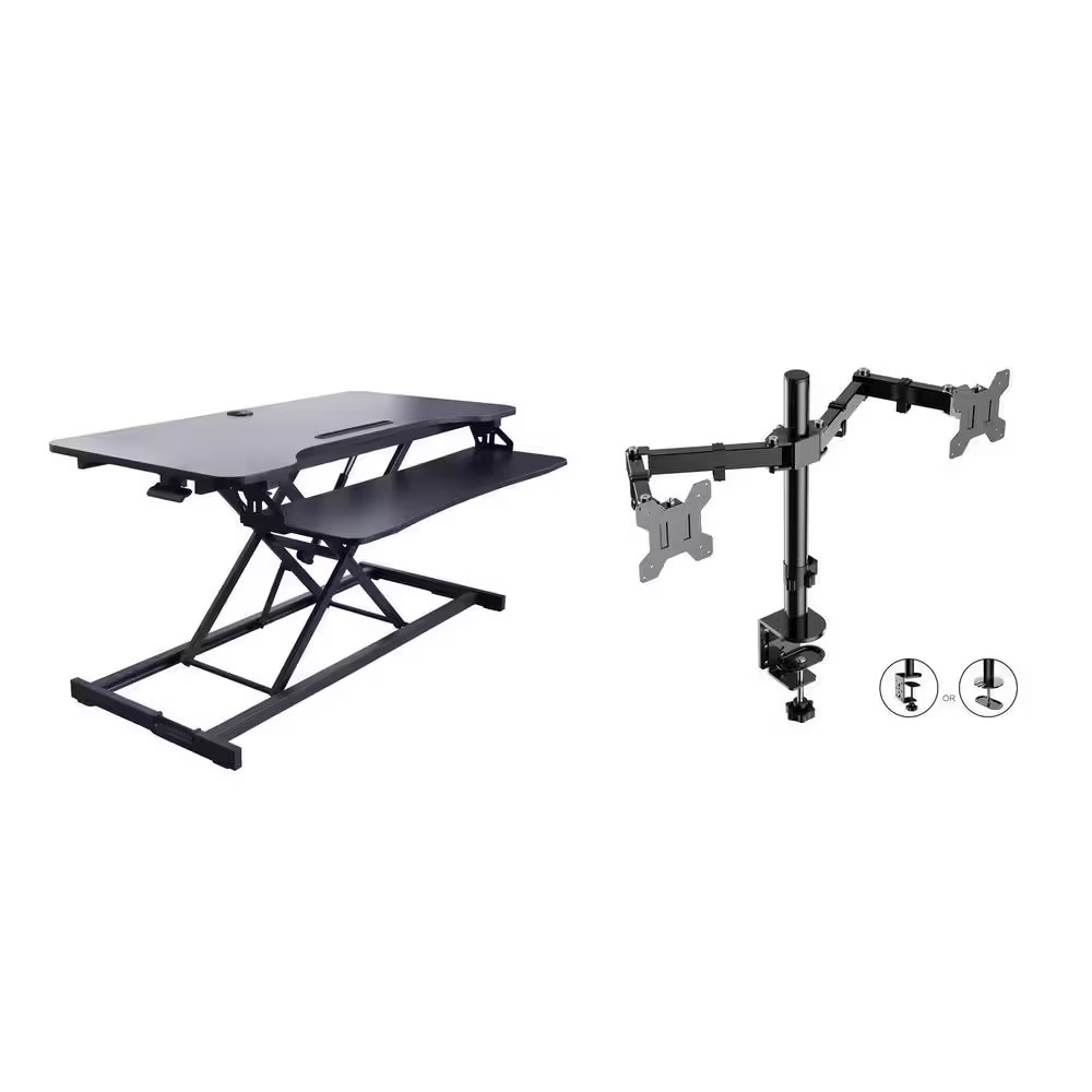 43 In. W Black Height Adjustable Standing Desk Converter with Dual Monitor Stand