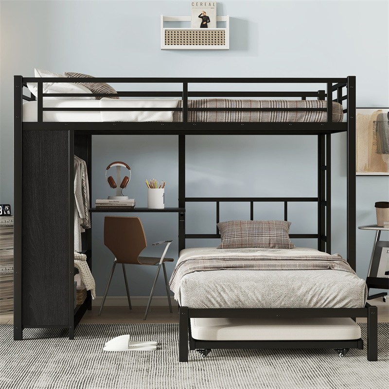 Full over Twin Bunk Bed with Built-in Wardrobe Metal Bunk Bed with Foldable Desk