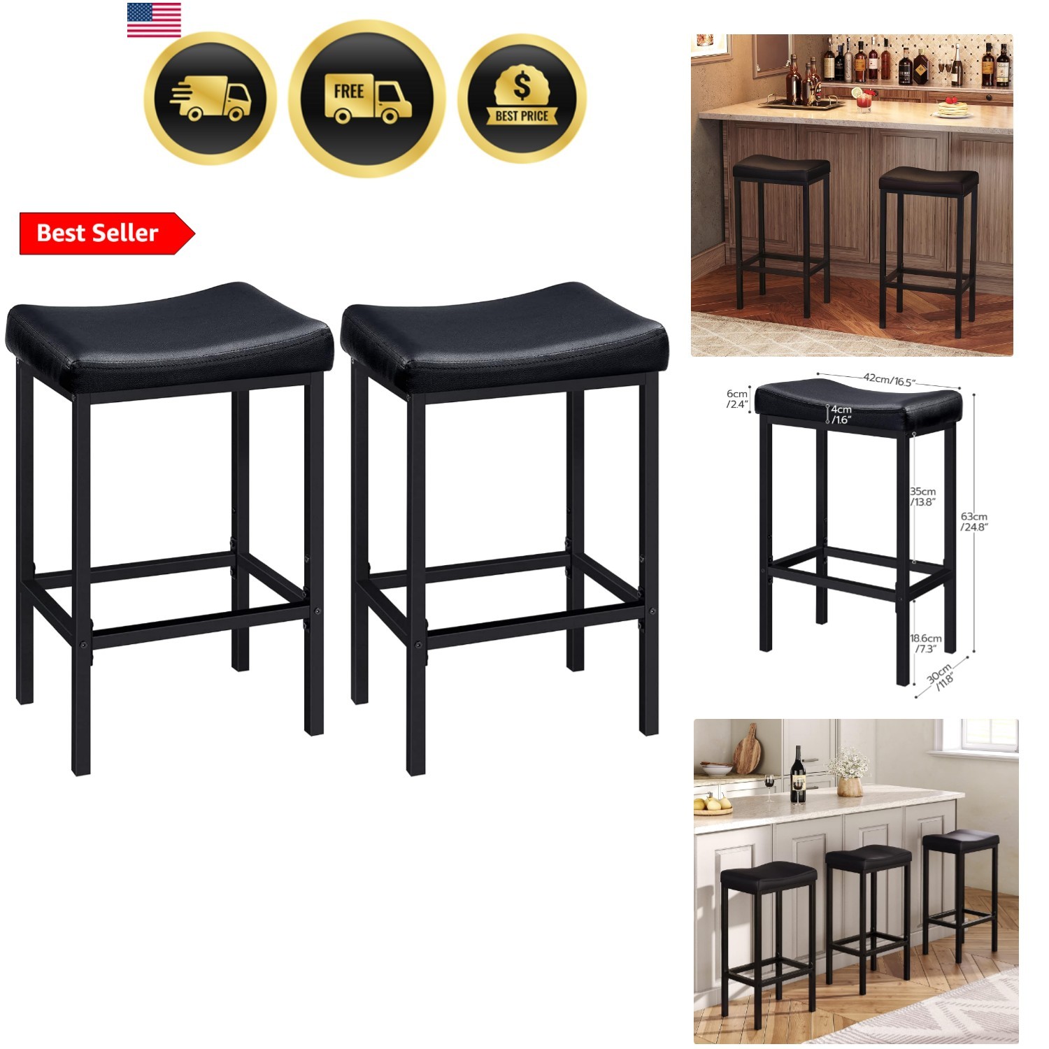 Bar Stools, Set of 2 Bar Chairs, Counter Height Stools, Saddle Barstools with…