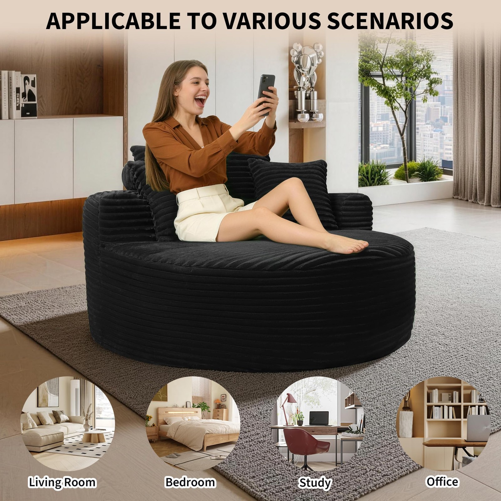 Oversized 55″ Round Corduroy Chair, Boneless Lounge Sofa Bed 450lb Capacity