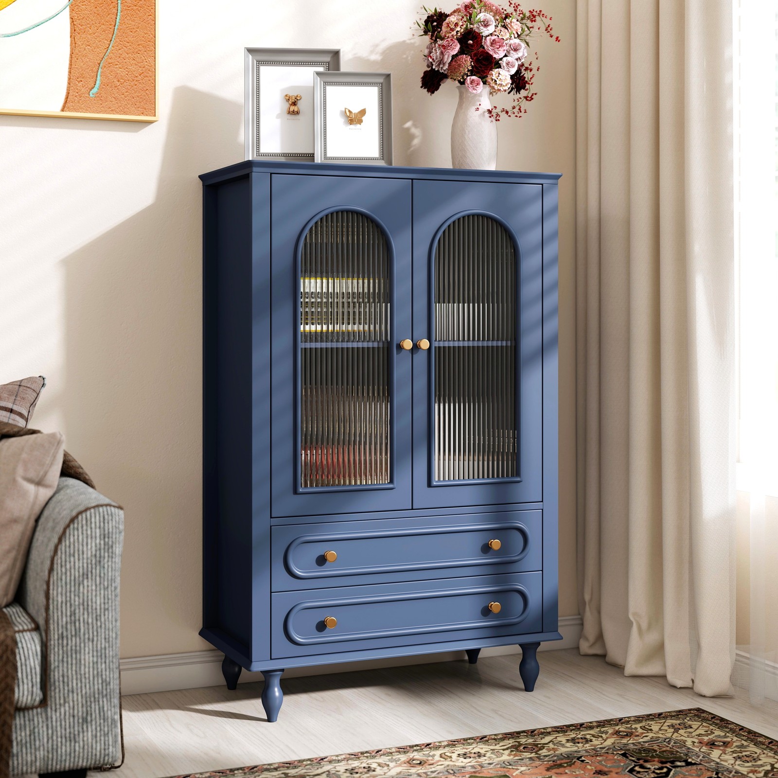 46.5» Glass Display Cabinet Freestanding Buffet Living Room Dining Room Blue